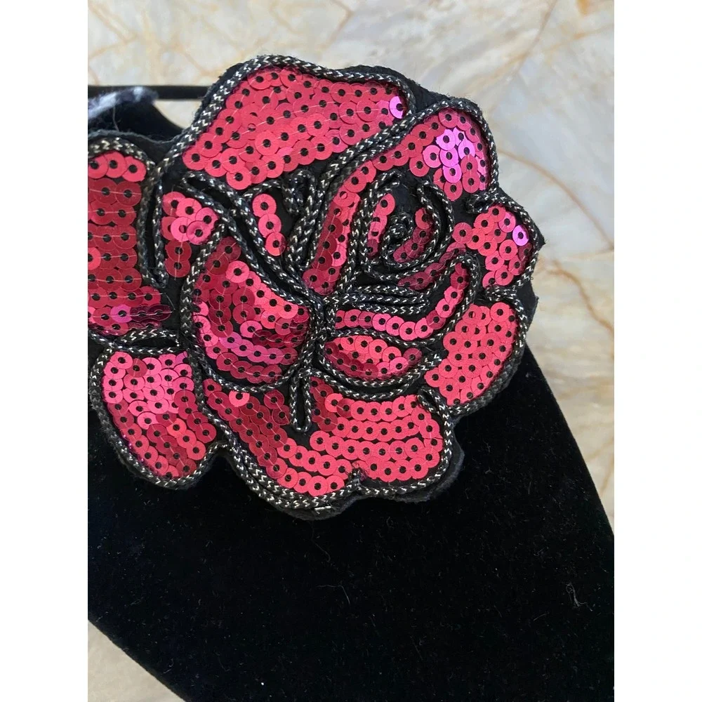 Pink Sequin Rose Statement Headband Black Thin Band Floral Glam Accessory
